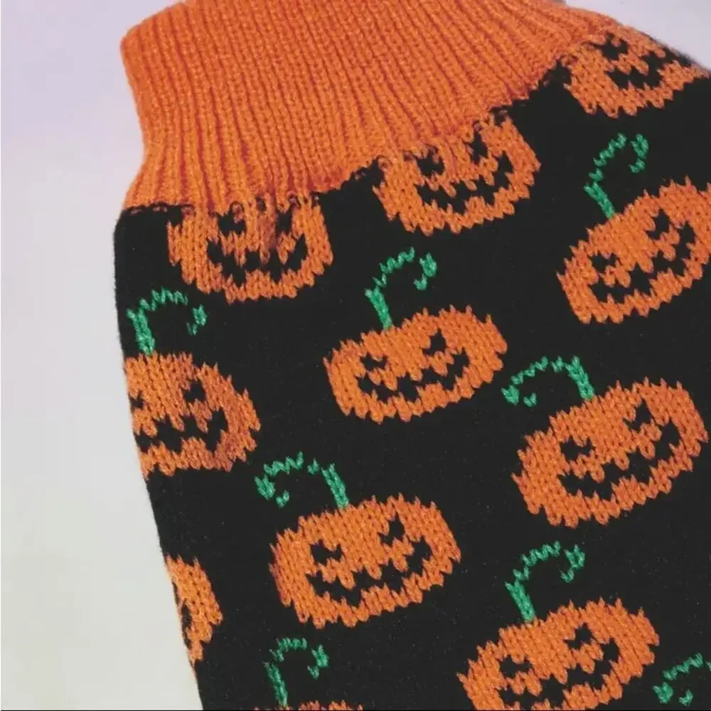 Halloween Pumpkin Dog Sweater Size Medium Knit Orange Black Jack O Lantern